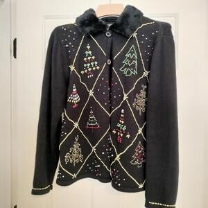 Vtg Designers Originals Christmas Cardigan M Black Button Removeable Collar